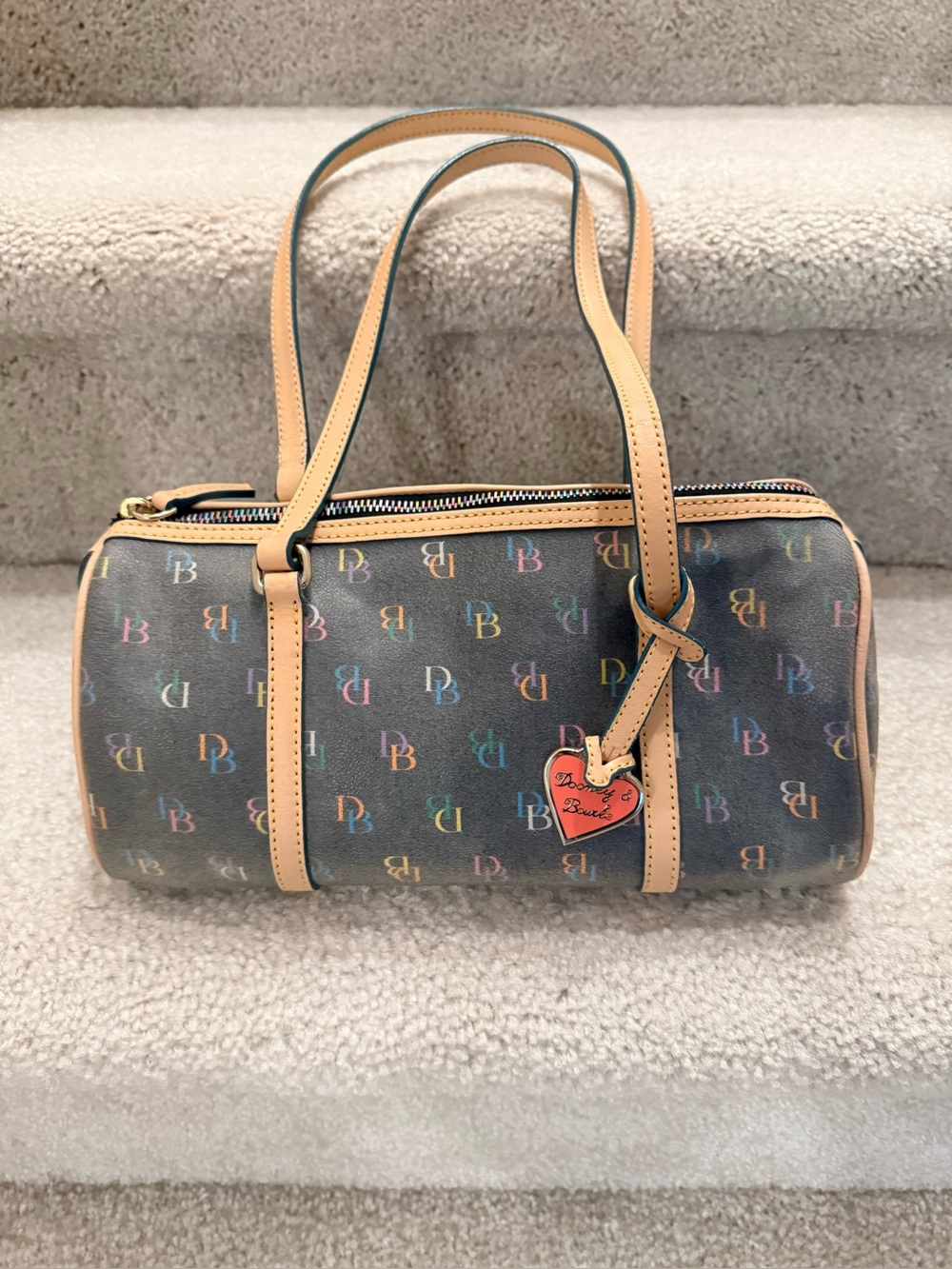 Dooney & Bourke Brown Multicolor DB Logo Shoulder Bag with Tan Trim